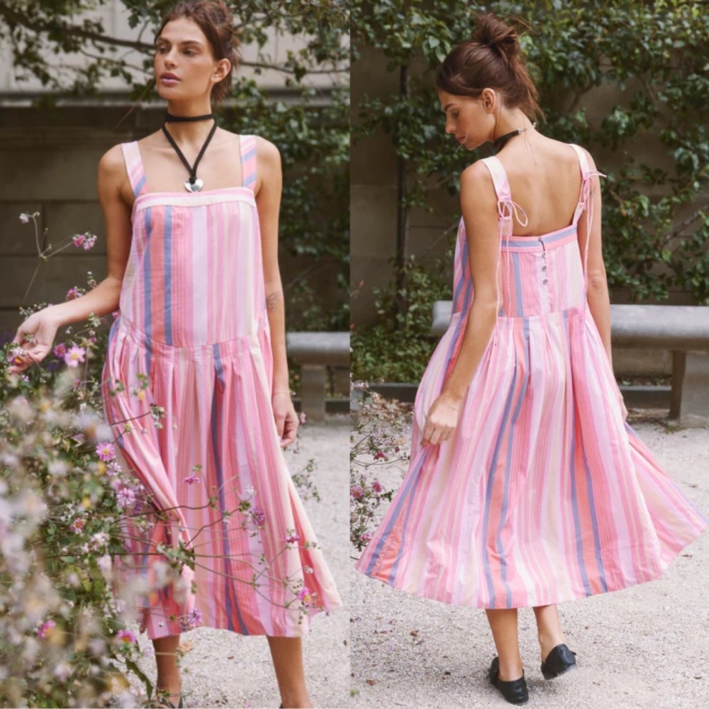NWT Free People Primavera Stripe Cotton Midi Dress Pink Sz M